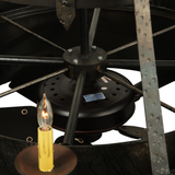 Interior frame detail showing fan mount and metal braces.