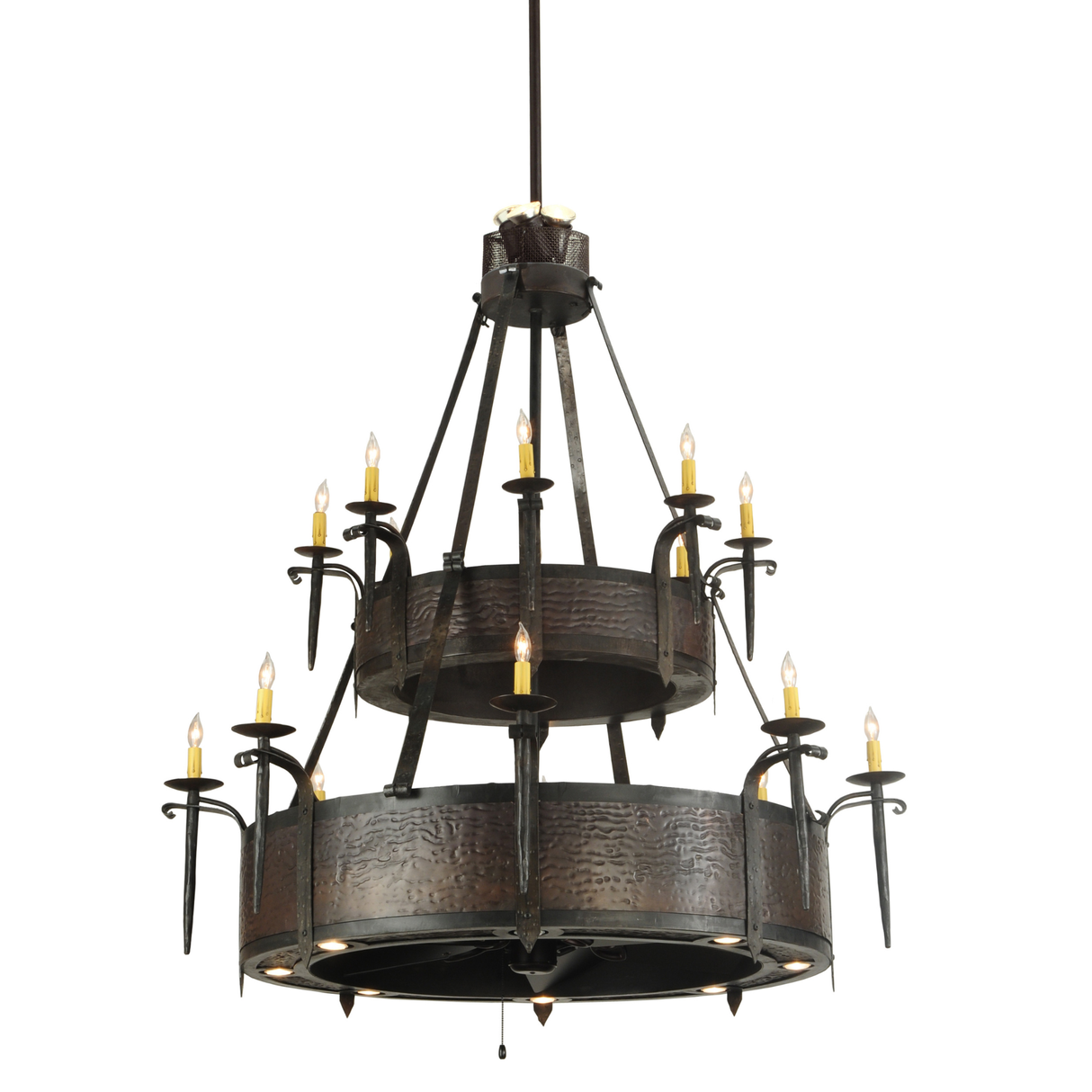 Costello 2-Tier Chandel-Air lit front view with hand-hammered steel frame.