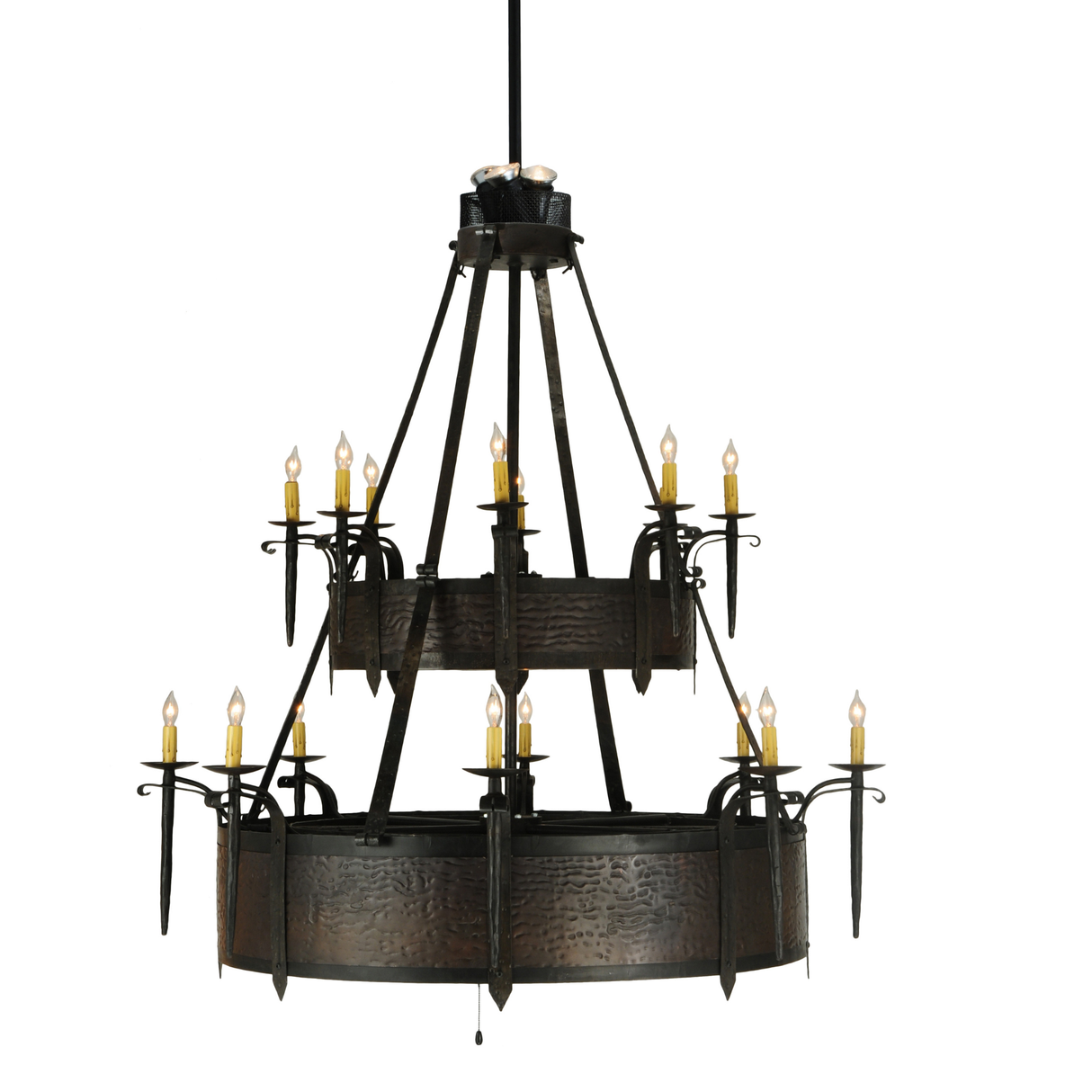 Lit view showing rustic metal texture and upper ring structure.