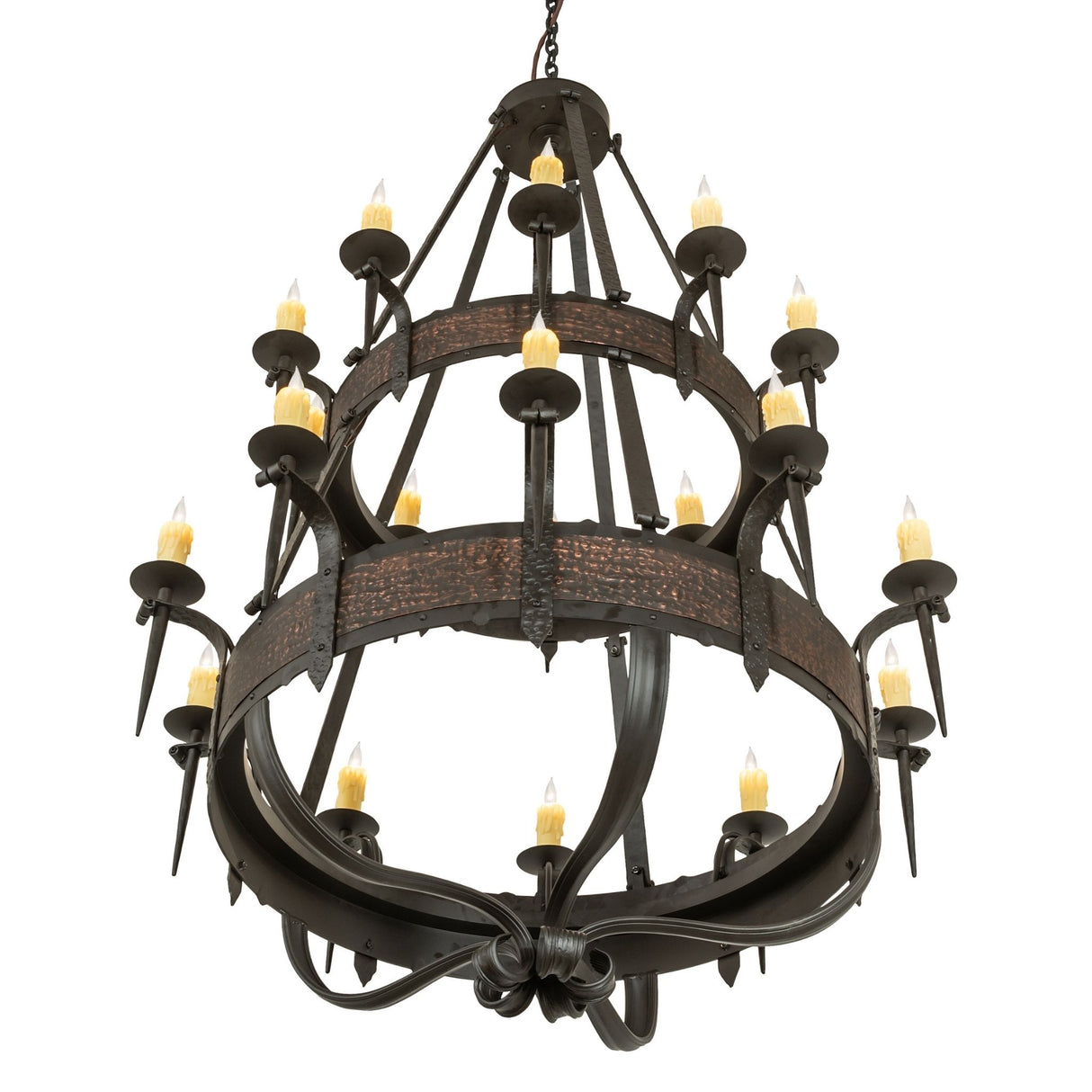 Bottom angle view of Costello 20-light chandelier showing gothic scrollwork.