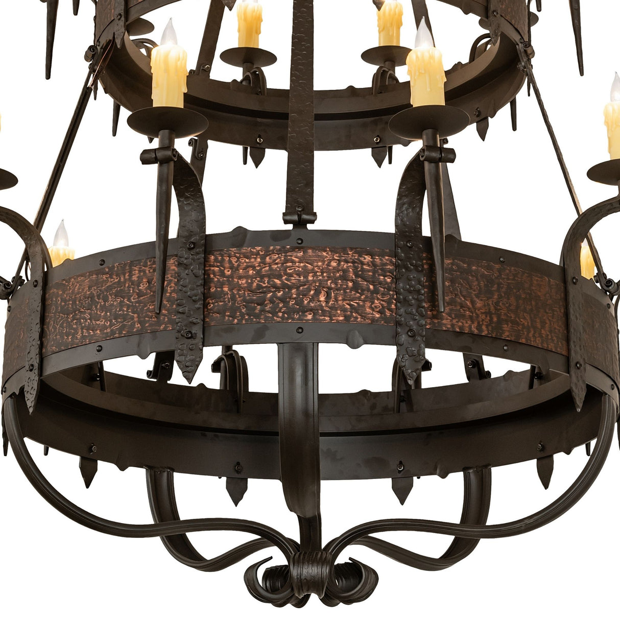 Close-up of Costello chandelier barkerized metal band and faux candlelights.