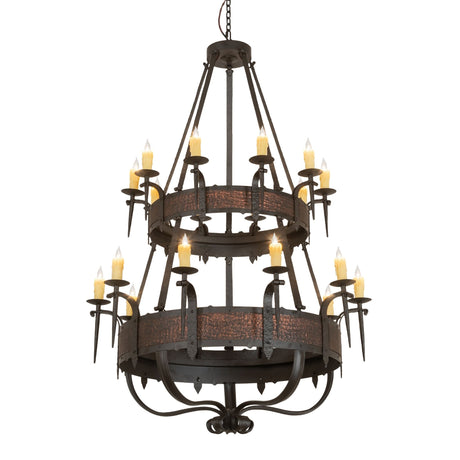 Costello 20 light chandelier with candle bulbs illuminated.