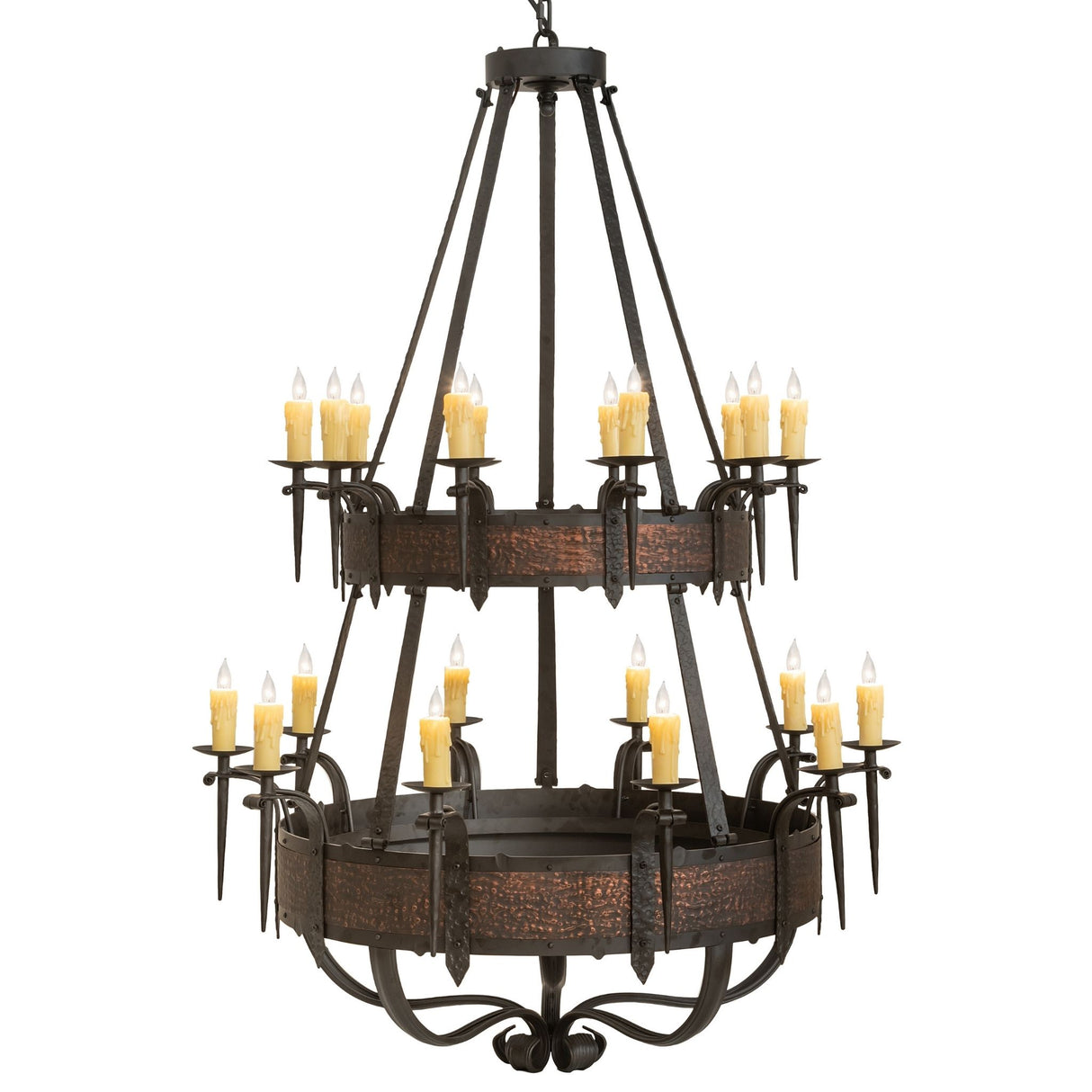 Side view of Costello 20-light chandelier with barkerized metal bands.