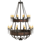 Side view of Costello 20-light chandelier with barkerized metal bands.