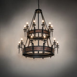 Costello chandelier illuminated in a dark room setting.