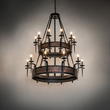 Costello chandelier illuminated in a dark room setting.