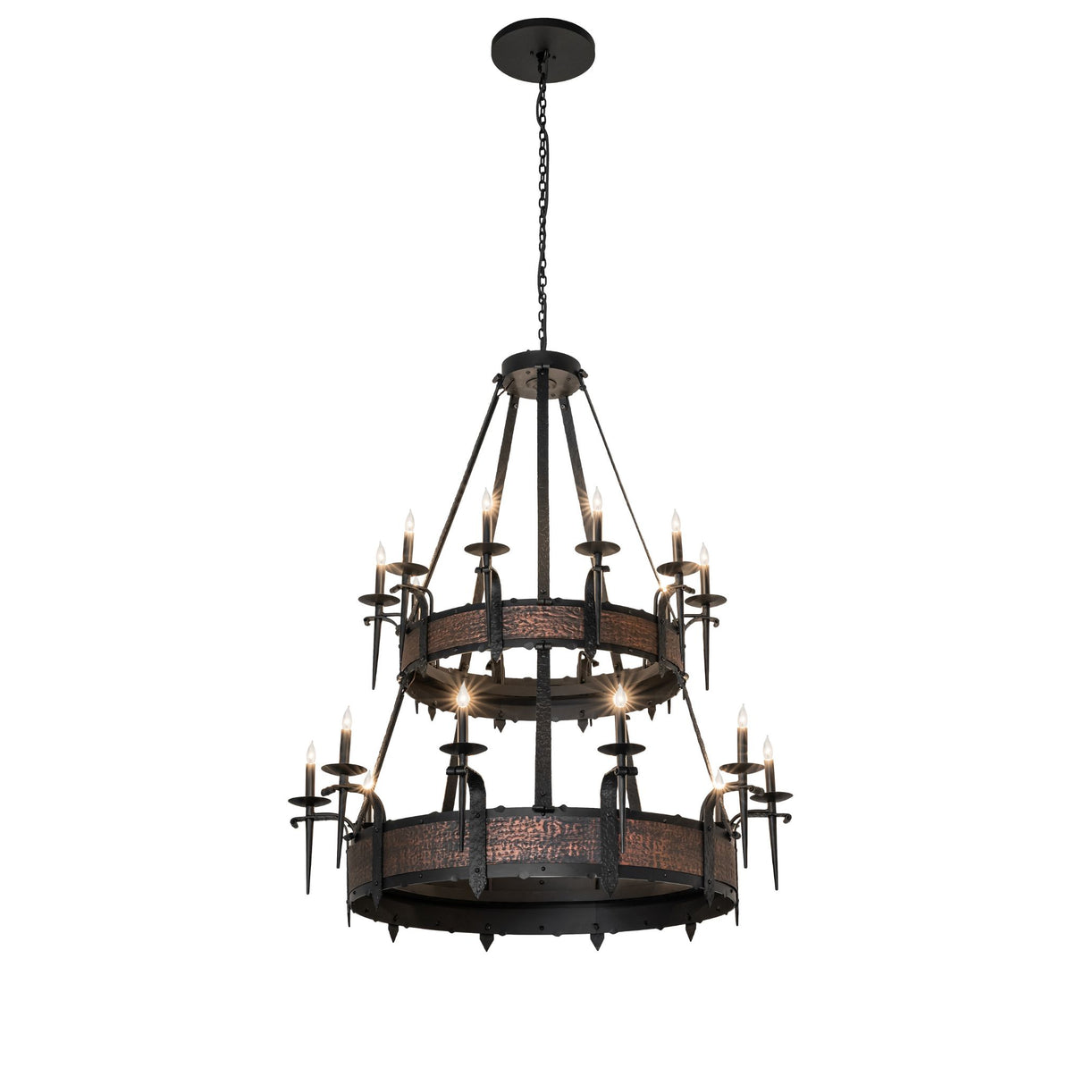 Full view of Costello 20-light two-tier chandelier in black with copper band detailing.