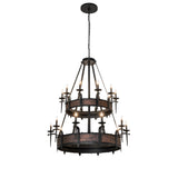 Full view of Costello 20-light two-tier chandelier in black with copper band detailing.