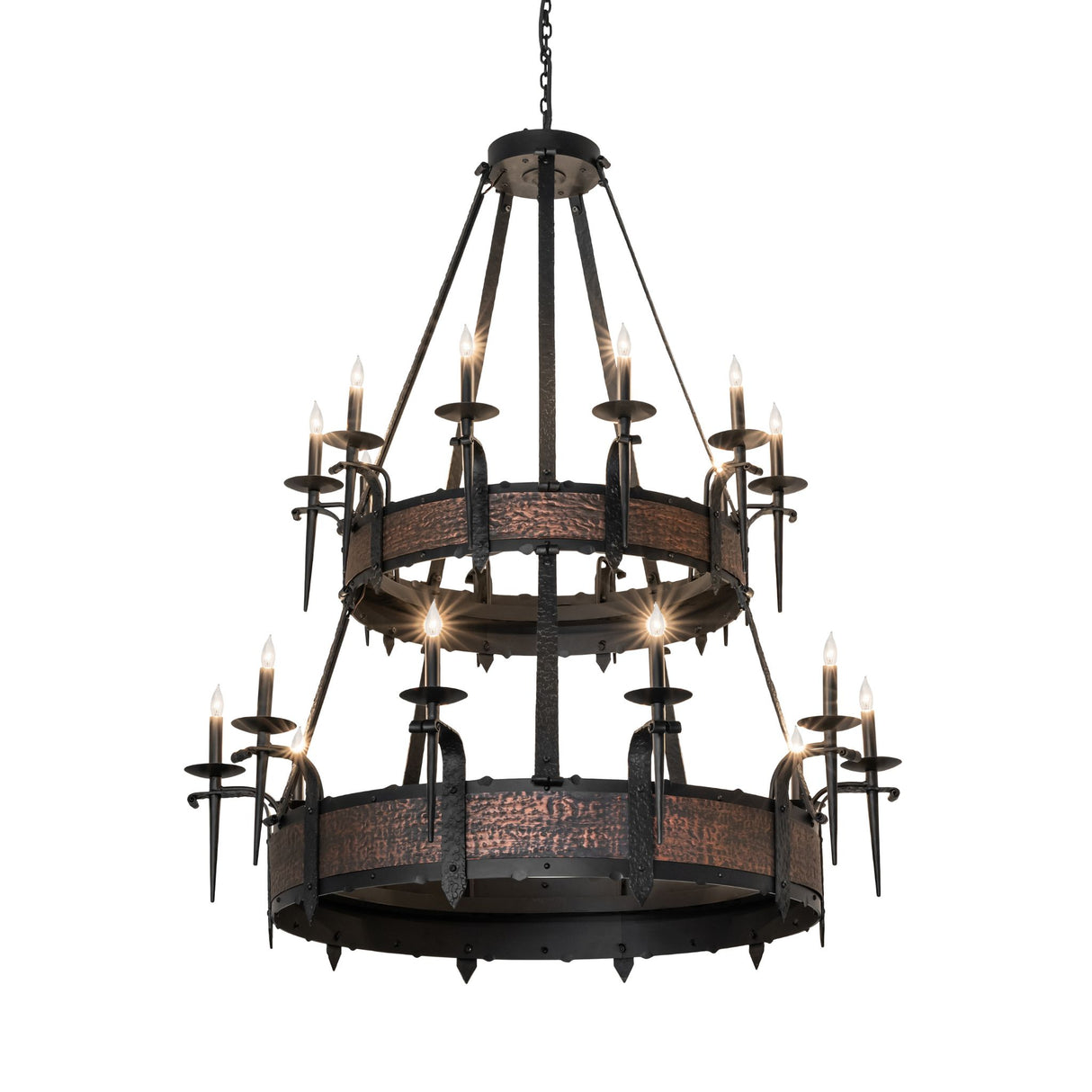 Lit view of Costello two-tier chandelier with black and copper rings.
