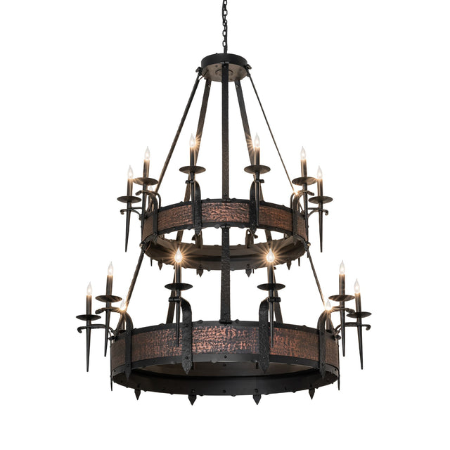 Lit view of Costello two-tier chandelier with black and copper rings.