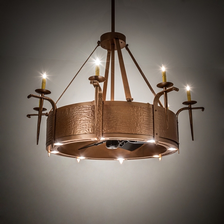 Ambient room view showing glowing candlelights and bronze finish.