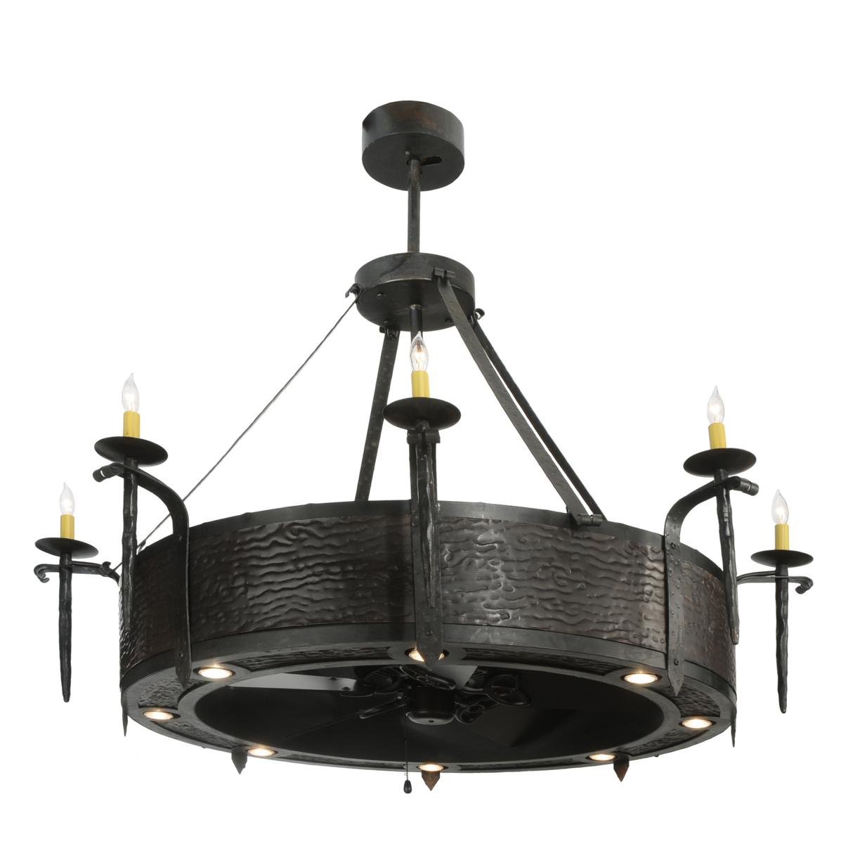 Angled view of Costello Chandel-Air illuminated with faux candlelights.