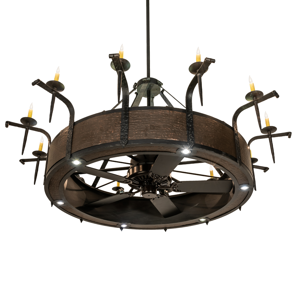 Bottom-up lit view revealing fan blades and bright downlights.