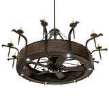 Bottom-up lit view revealing fan blades and bright downlights.
