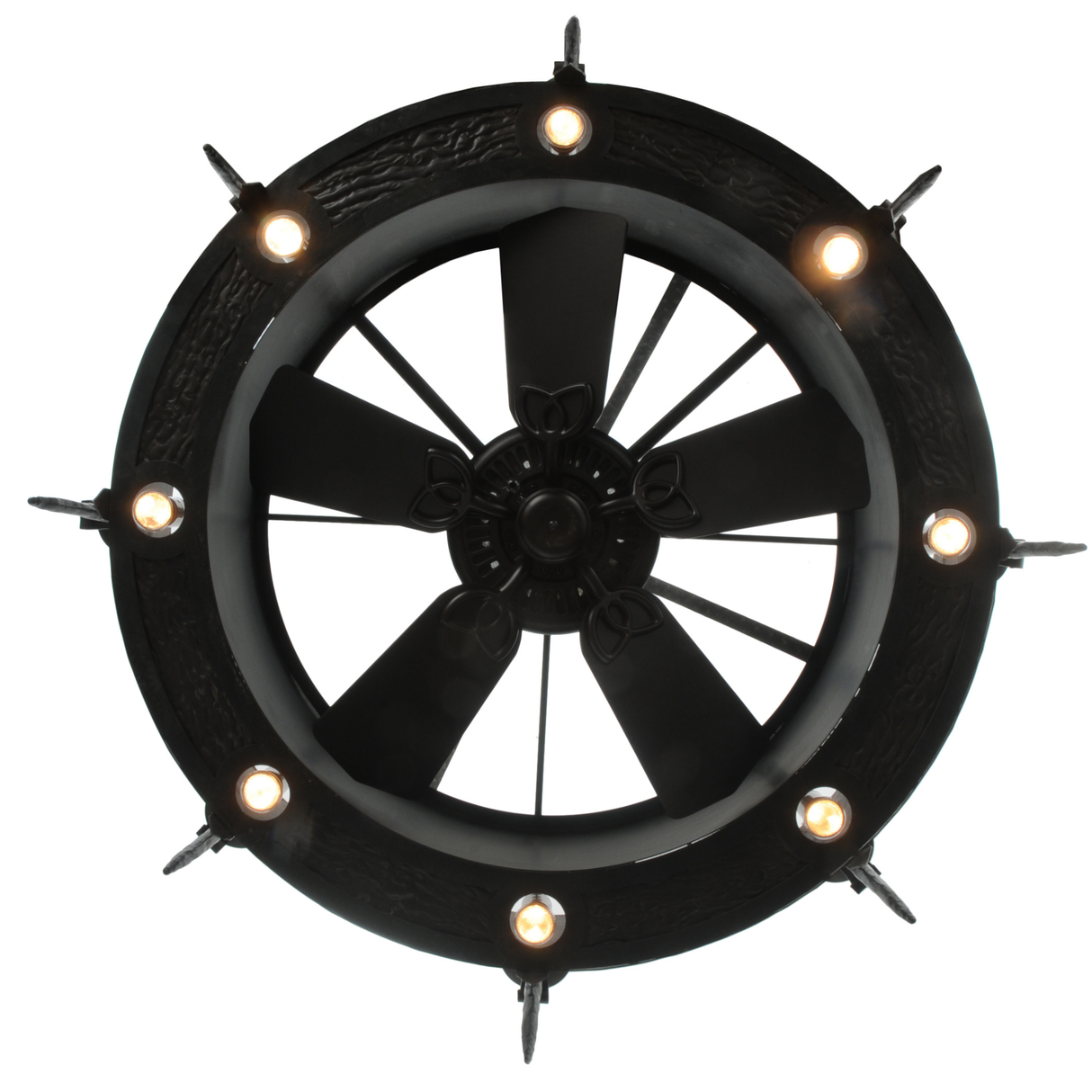 Bottom view showing integrated fan blades and downlights.