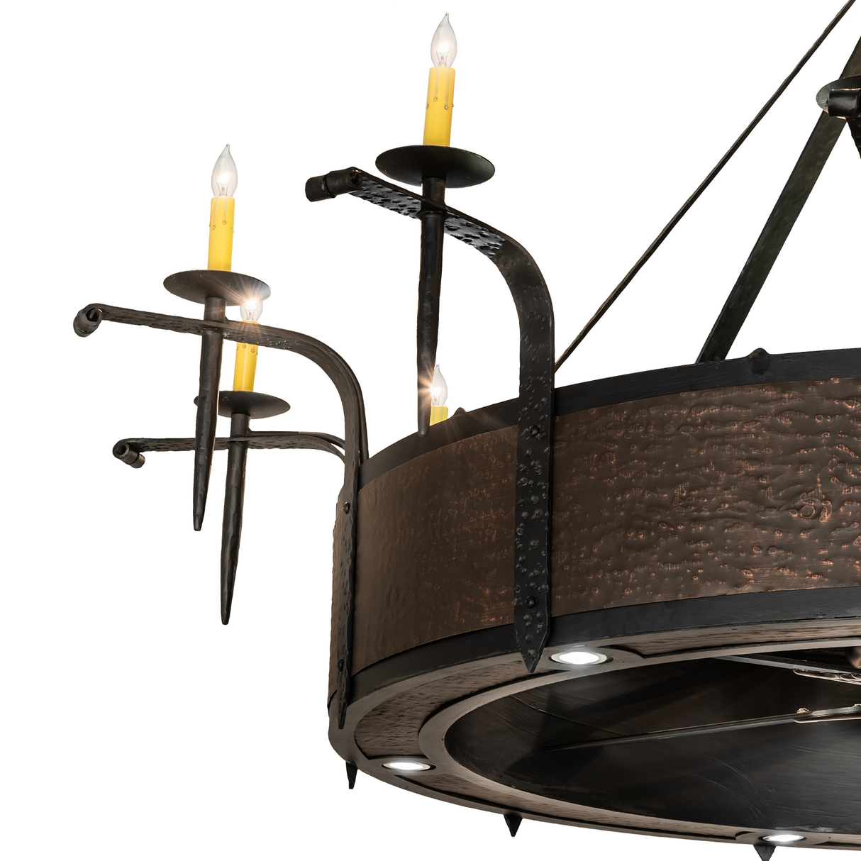 Detailed view of forged candle arms with glowing faux wax lights.