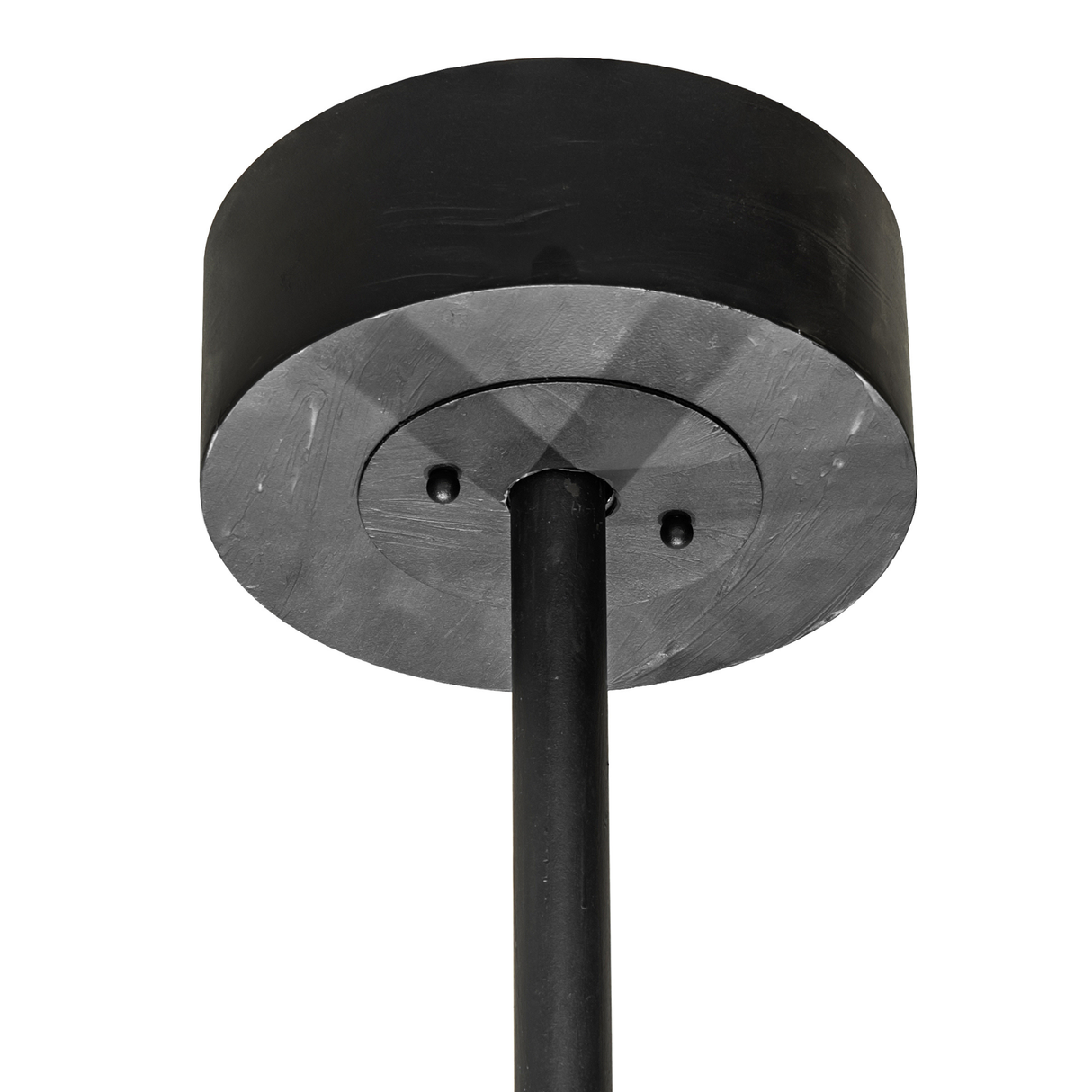 Black round ceiling canopy and downrod of Costello Chandel-Air.