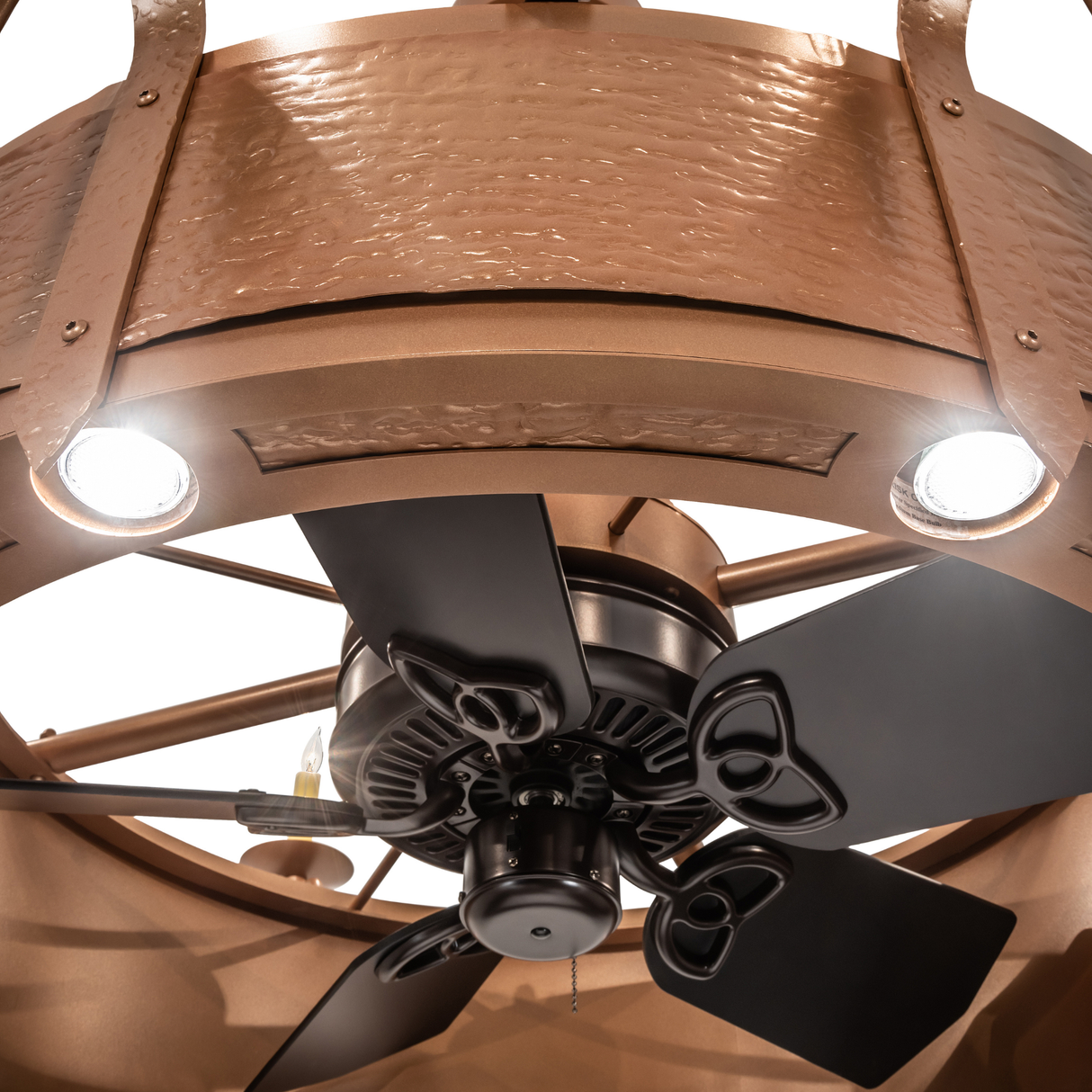 Detailed view showing integrated fan and illuminated downlights.