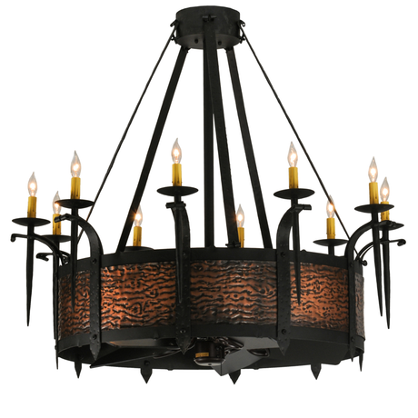 Front angle lit view showing hammered copper band and candlelights.