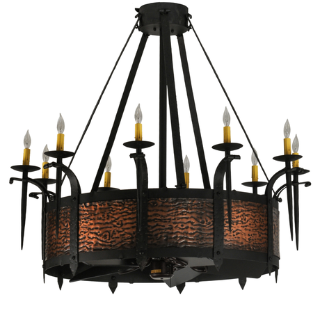 Elevated front unlit view showing hammered copper frame and candleholders.