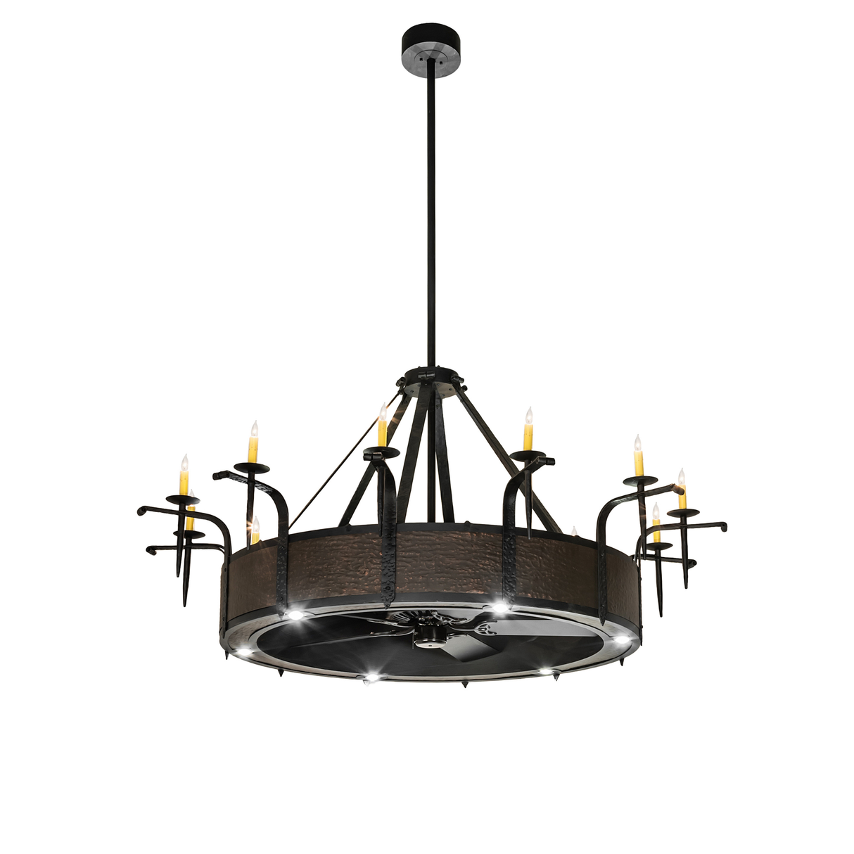 Full view of chandelier showing lit candles and bronze hammered frame.