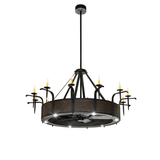 Full view of chandelier showing lit candles and bronze hammered frame.