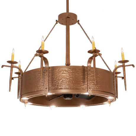 Lit angled view highlighting metallic bronze band and candlelights.