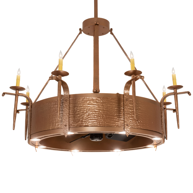 Lit angled view highlighting metallic bronze band and candlelights.