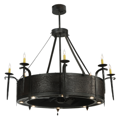 Costello Chandel-Air front view lit with hammered steel and candlelights.