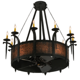 Lower front angle lit view showing fan integration and amber glow.