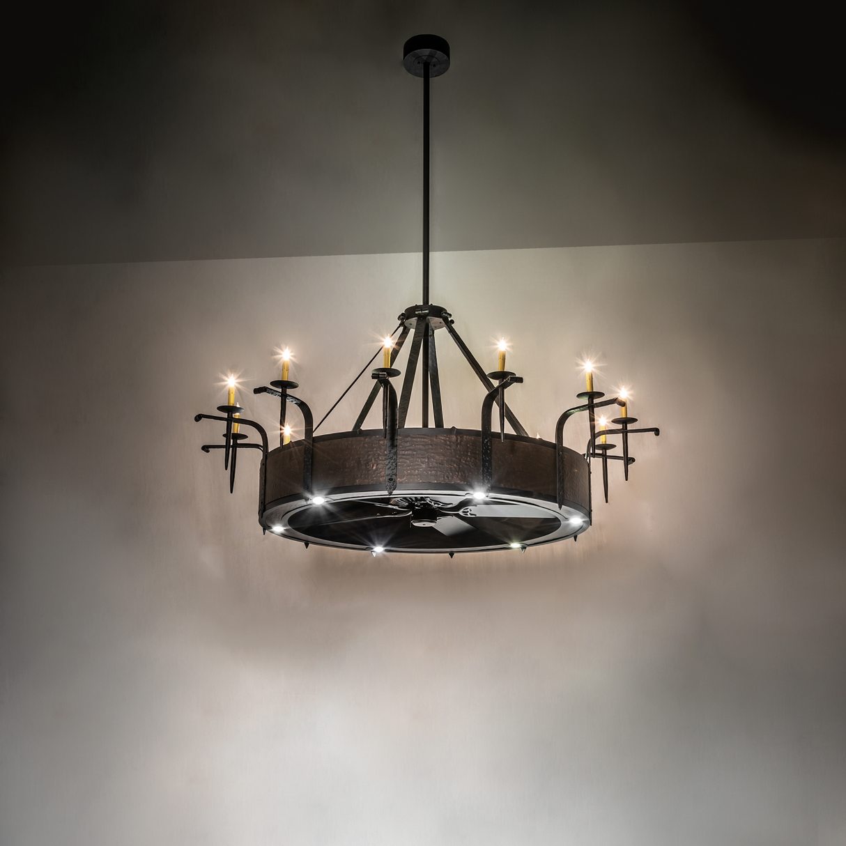 Warm room view highlighting illuminated chandelier and soft ambience.