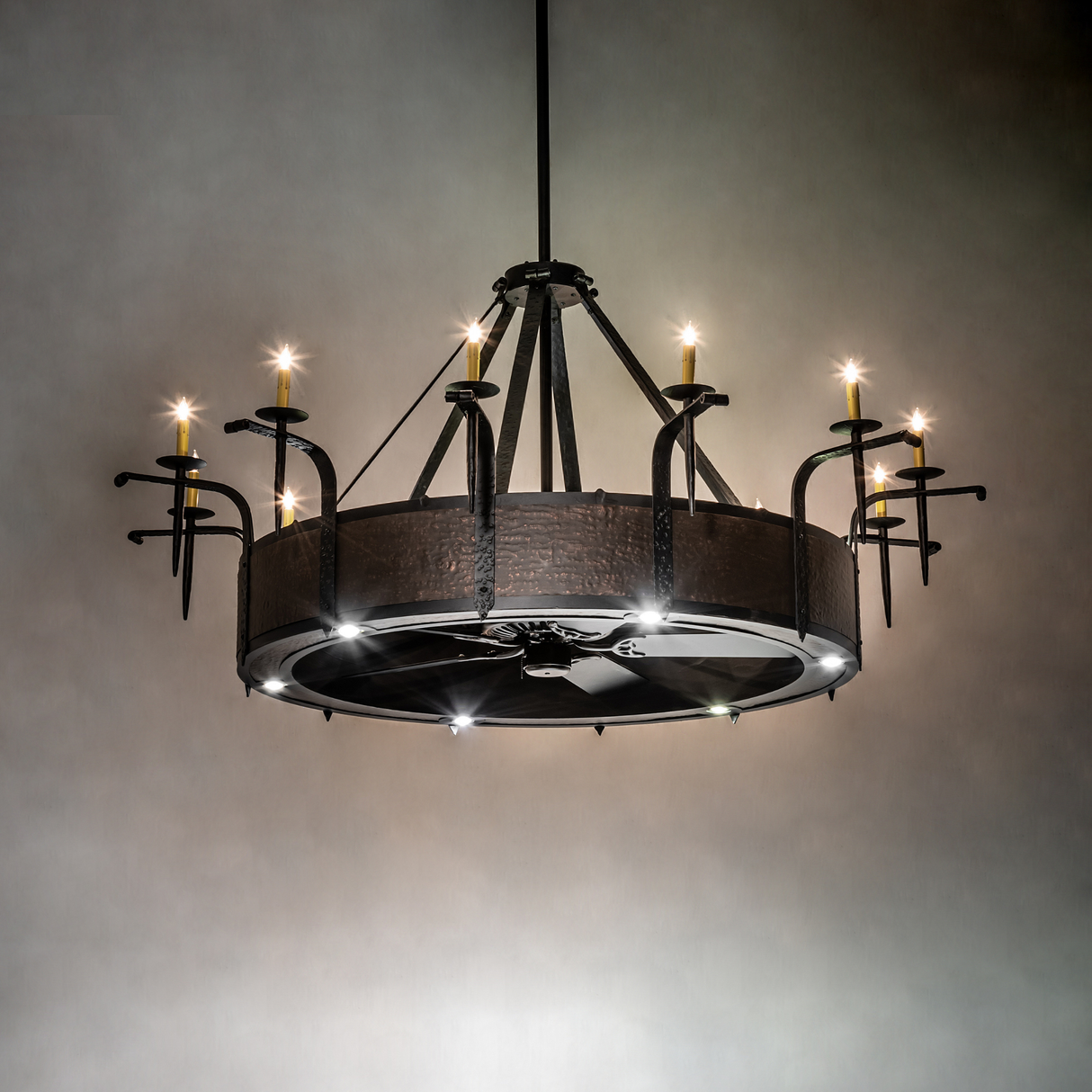 Illuminated chandelier in a softly lit room showcasing rustic glow.