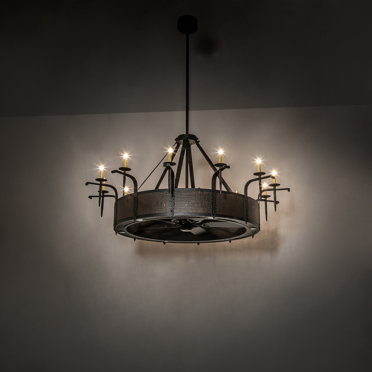 Warm ambient room view with glowing faux candles and fan lights.