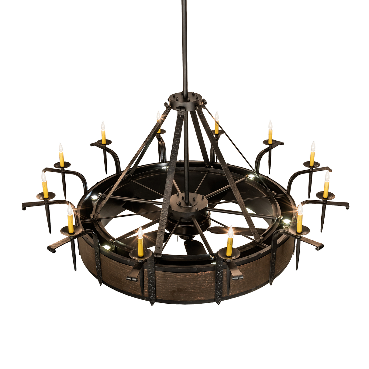 Angled overhead view with fan and glowing candle-style bulbs.