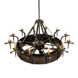 Angled overhead view with fan and glowing candle-style bulbs.