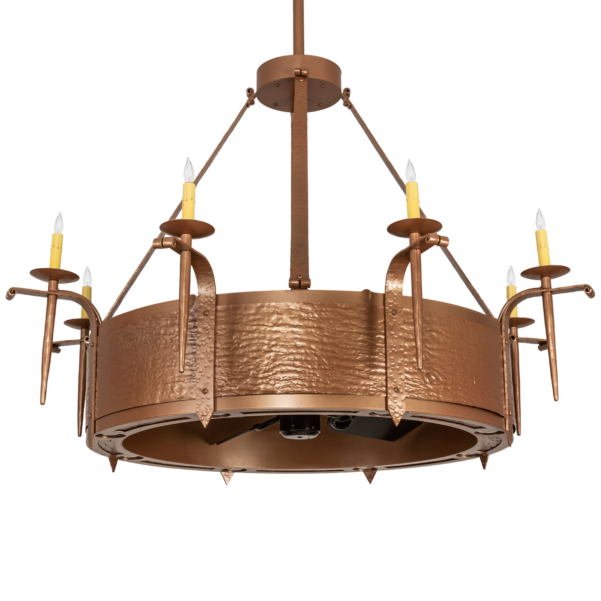 Unlit angled view displaying hammered steel frame and candleholders.