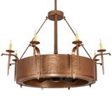 Unlit angled view displaying hammered steel frame and candleholders.