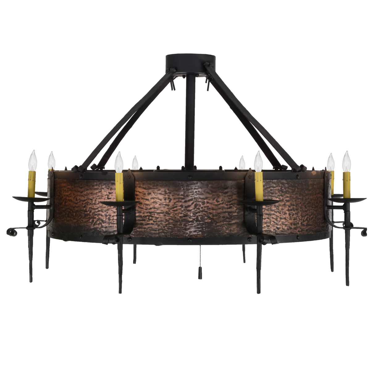 Unlit side view of Costello Chandel-Air with rustic copper detailing.