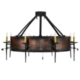 Unlit side view of Costello Chandel-Air with rustic copper detailing.
