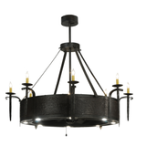 Front wide lit view showing eight candlelights and downlights.