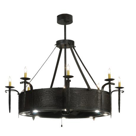 Front wide lit view showing eight candlelights and downlights.