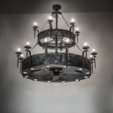 Costello Two Tier Chandel-Air chandelier fan glowing warmly in ambient room lighting.