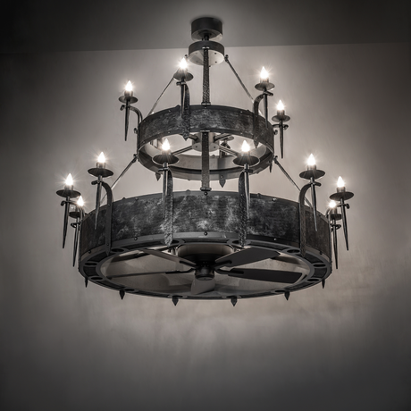 Angled view of illuminated Costello Two Tier Chandel-Air chandelier fan in ambient setting.