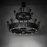 Angled view of unlit Costello Two Tier chandelier fan showing bold industrial frame.