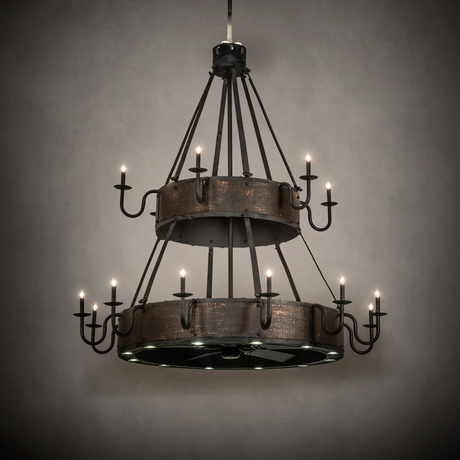 Ambient room view showing chandelier glowing warmly in rustic setting.