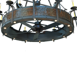 Bottom view showing fan blades and circular downlights.