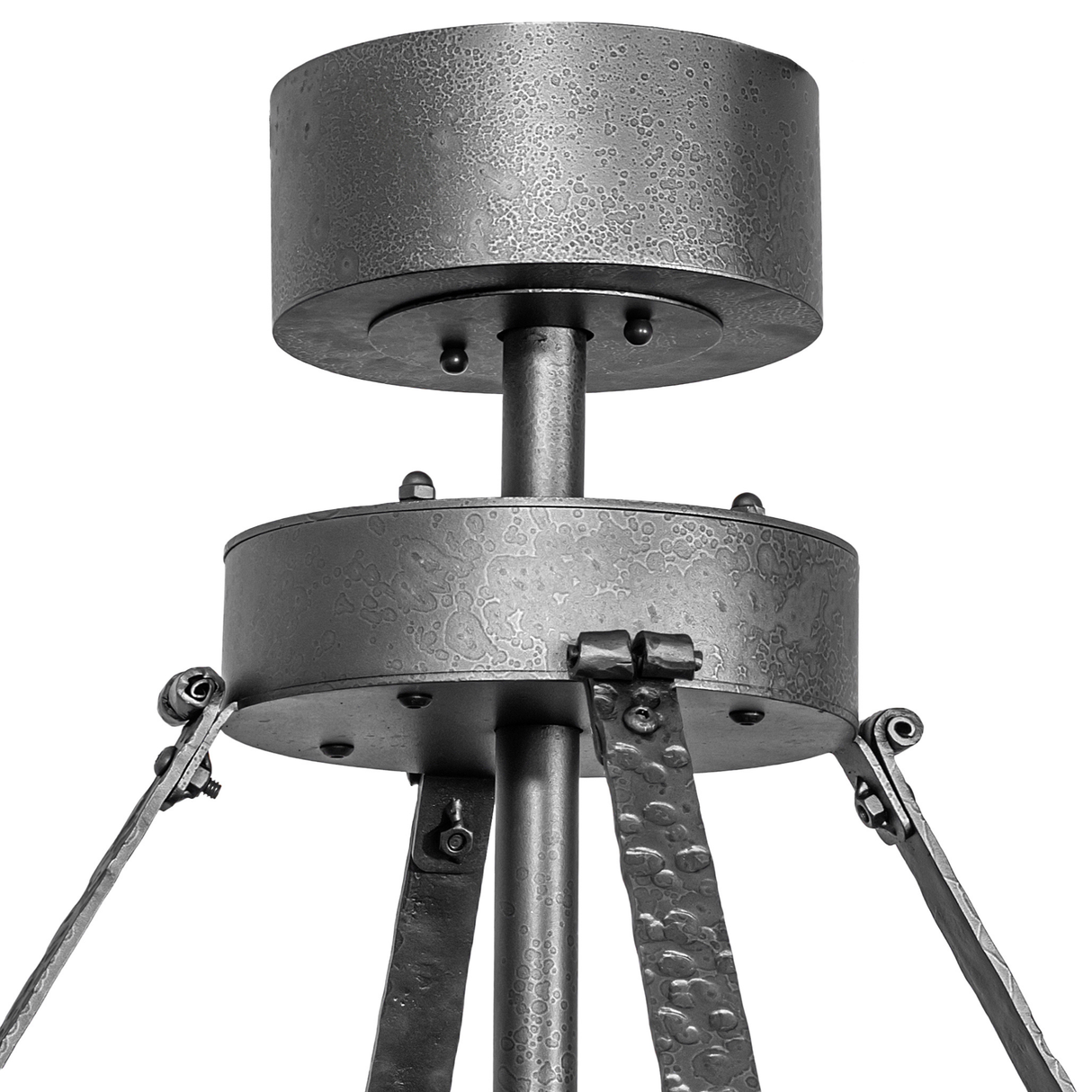 Ceiling canopy and hammered metal support detail of 62-inch Costello chandelier fan.