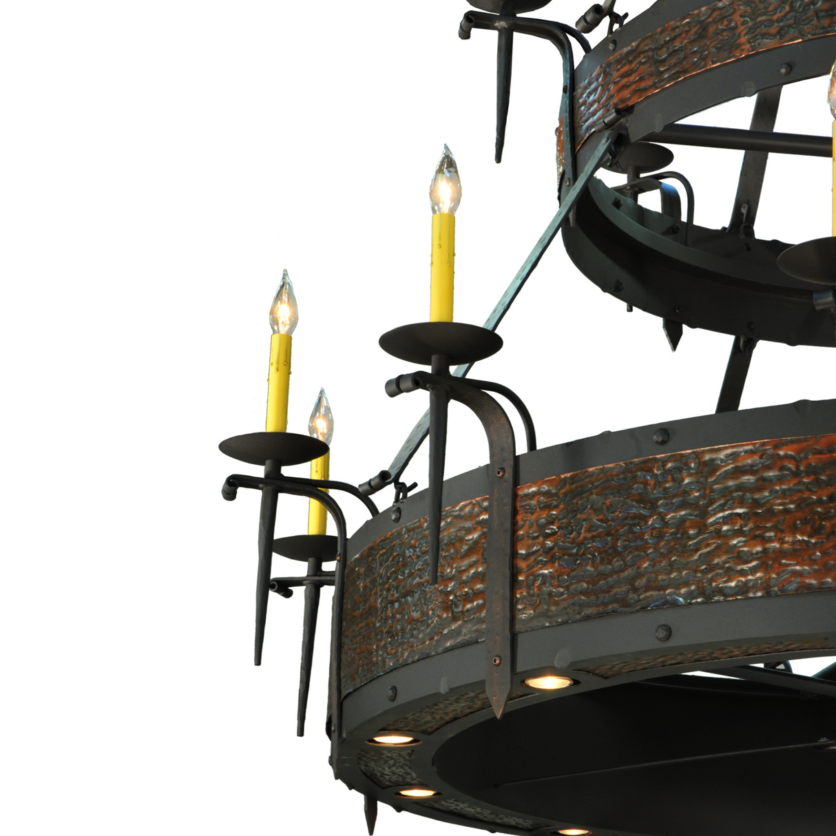 Close-up of rustic candleholders and textured metal band.