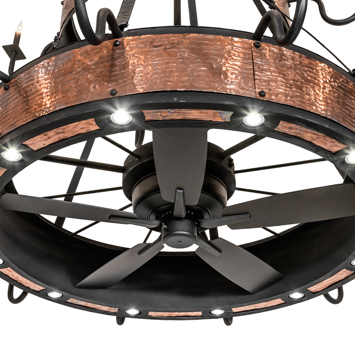 Close-up of fan and copper trim on Costello chandelier.