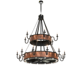 Front view of Costello two-tier chandelier fan in copper and black.